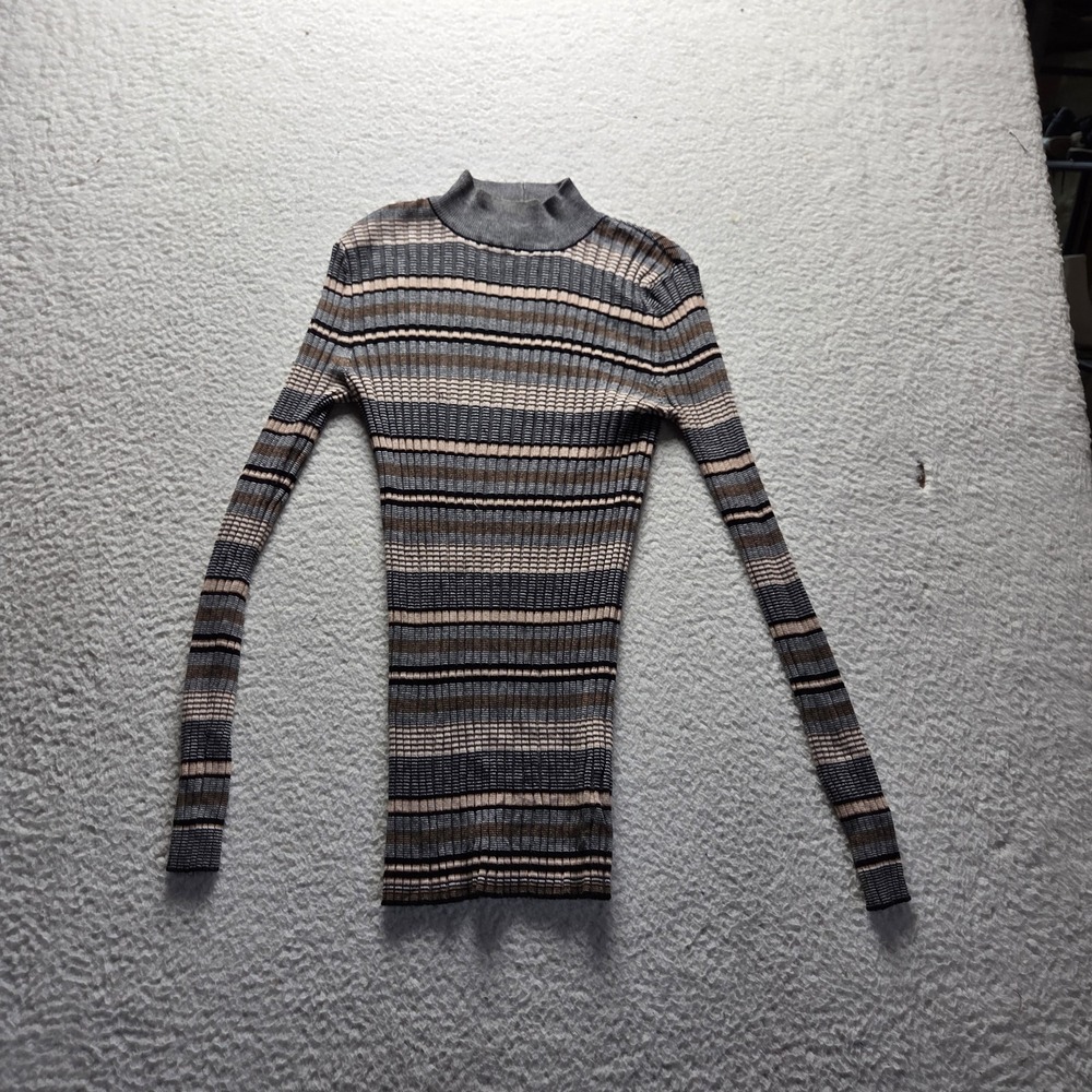 Pink Rose Sweater Teens M Gray Mock Neck Long Sleeve Striped Knit Pullover
